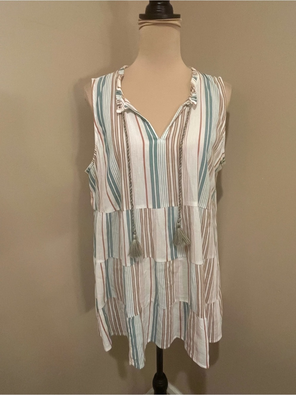 J. Jill Earthy White Sleeveless Tiered Tunic with Teal & Brown Stripes, Medium